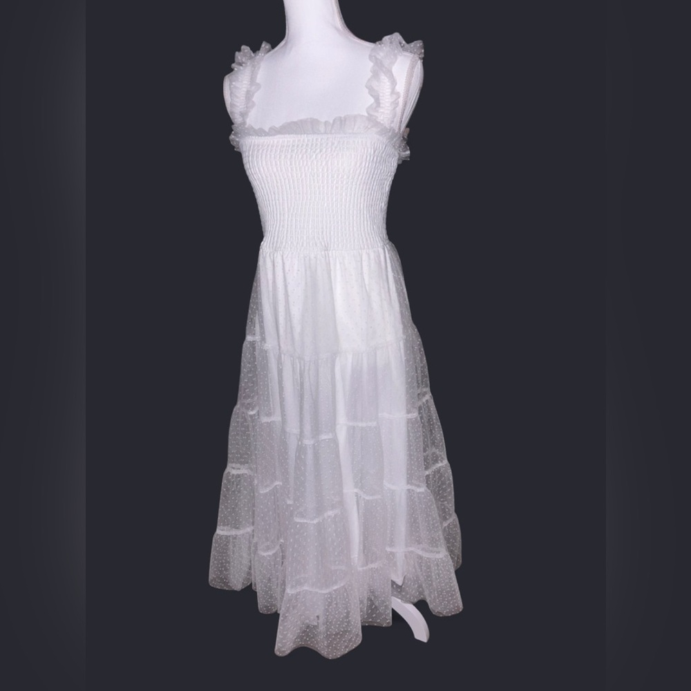 The Darling Dancer White Swiss Dot Ruffled Tiered Midi Dress